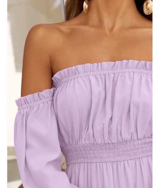 ZESICA Women's 2025 Boho Sexy Off Shoulder Long Sleeve Smocked High Waist Side Split Flowy A Line Tiered Long Maxi Dress