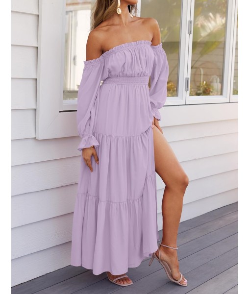 ZESICA Women's 2025 Boho Sexy Off Shoulder Long Sleeve Smocked High Waist Side Split Flowy A Line Tiered Long Maxi Dress