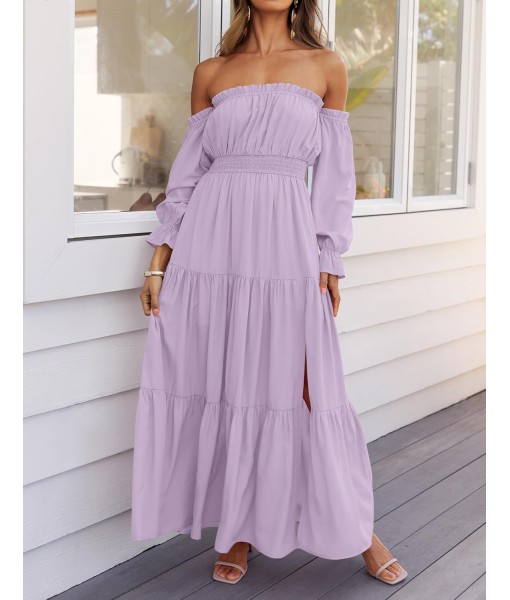 ZESICA Women's 2025 Boho Sexy Off Shoulder Long Sleeve Smocked High Waist Side Split Flowy A Line Tiered Long Maxi Dress
