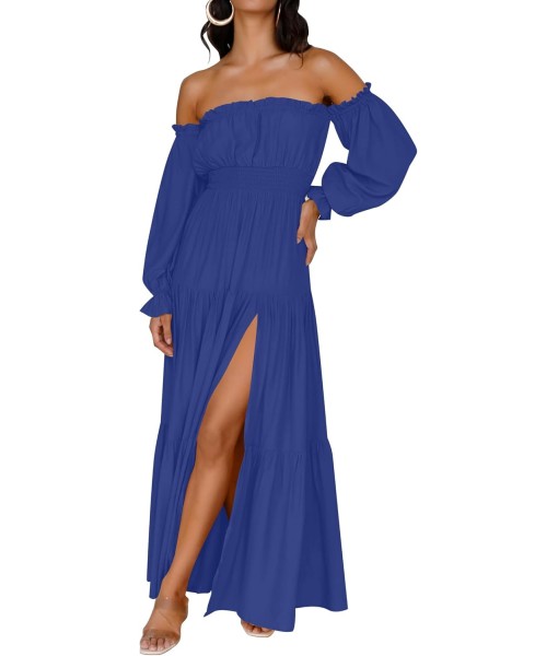 ZESICA Women's 2025 Boho Sexy Off Shoulder Long Sleeve Smocked High Waist Side Split Flowy A Line Tiered Long Maxi Dress