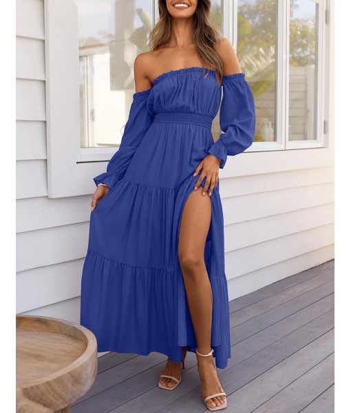 ZESICA Women's 2025 Boho Sexy Off Shoulder Long Sleeve Smocked High Waist Side Split Flowy A Line Tiered Long Maxi Dress