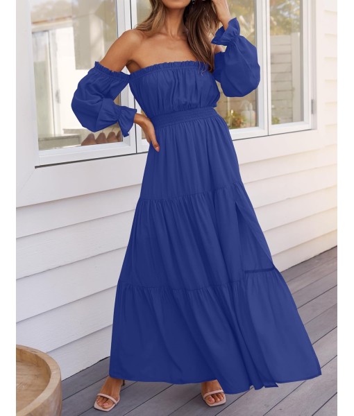 ZESICA Women's 2025 Boho Sexy Off Shoulder Long Sleeve Smocked High Waist Side Split Flowy A Line Tiered Long Maxi Dress