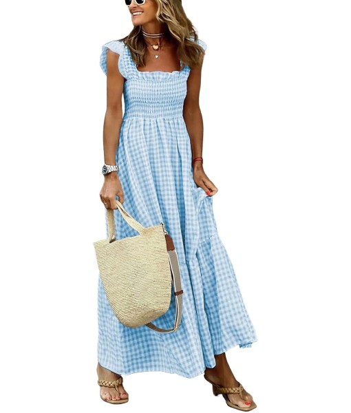 chouyatou Women's Retro Plaid Smocked Dress Spaghetti Strap Flounce Long Dress