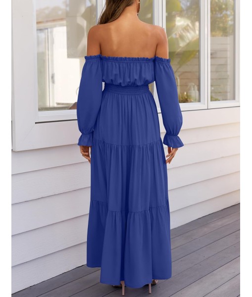 ZESICA Women's 2025 Boho Sexy Off Shoulder Long Sleeve Smocked High Waist Side Split Flowy A Line Tiered Long Maxi Dress