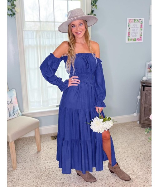 ZESICA Women's 2025 Boho Sexy Off Shoulder Long Sleeve Smocked High Waist Side Split Flowy A Line Tiered Long Maxi Dress