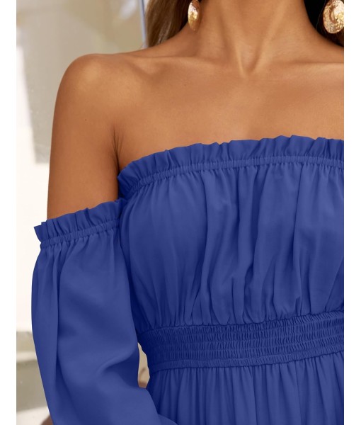 ZESICA Women's 2025 Boho Sexy Off Shoulder Long Sleeve Smocked High Waist Side Split Flowy A Line Tiered Long Maxi Dress