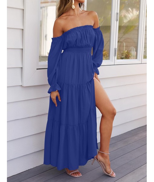 ZESICA Women's 2025 Boho Sexy Off Shoulder Long Sleeve Smocked High Waist Side Split Flowy A Line Tiered Long Maxi Dress