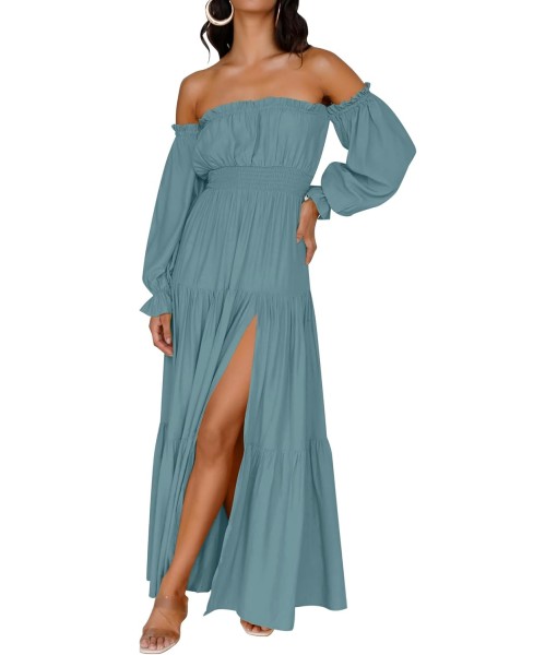 ZESICA Women's 2025 Boho Sexy Off Shoulder Long Sleeve Smocked High Waist Side Split Flowy A Line Tiered Long Maxi Dress