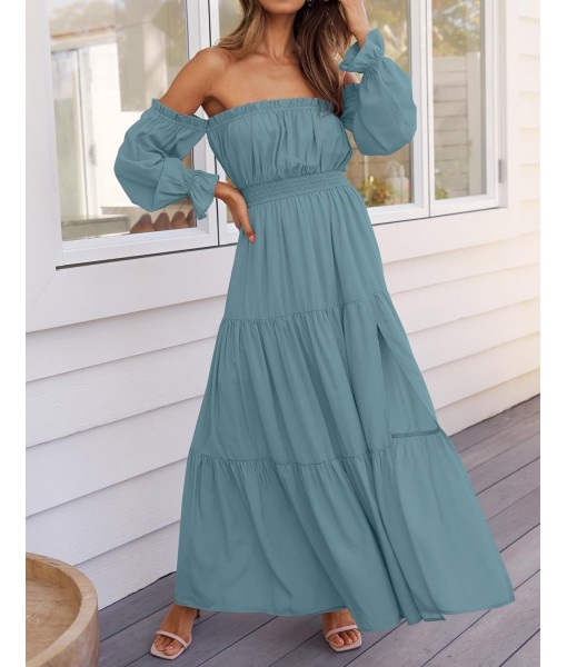 ZESICA Women's 2025 Boho Sexy Off Shoulder Long Sleeve Smocked High Waist Side Split Flowy A Line Tiered Long Maxi Dress