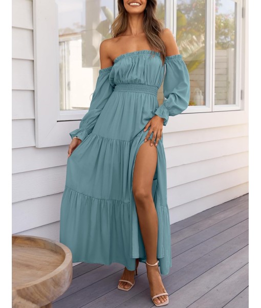 ZESICA Women's 2025 Boho Sexy Off Shoulder Long Sleeve Smocked High Waist Side Split Flowy A Line Tiered Long Maxi Dress