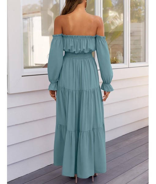 ZESICA Women's 2025 Boho Sexy Off Shoulder Long Sleeve Smocked High Waist Side Split Flowy A Line Tiered Long Maxi Dress