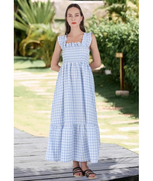 chouyatou Women's Retro Plaid Smocked Dress Spaghetti Strap Flounce Long Dress