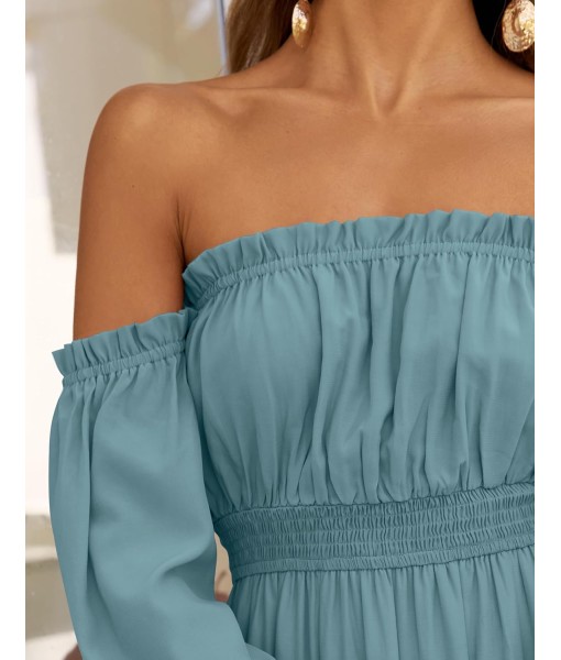 ZESICA Women's 2025 Boho Sexy Off Shoulder Long Sleeve Smocked High Waist Side Split Flowy A Line Tiered Long Maxi Dress