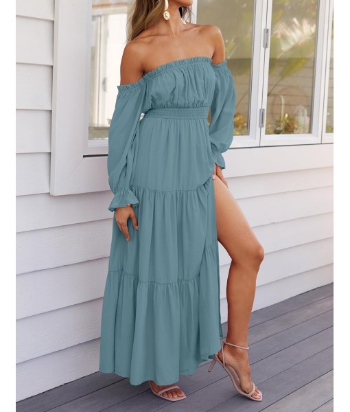 ZESICA Women's 2025 Boho Sexy Off Shoulder Long Sleeve Smocked High Waist Side Split Flowy A Line Tiered Long Maxi Dress