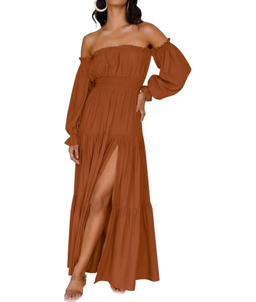 ZESICA Women's 2025 Boho Sexy Off Shoulder Long Sleeve Smocked High Waist Side Split Flowy A Line Tiered Long Maxi Dress
