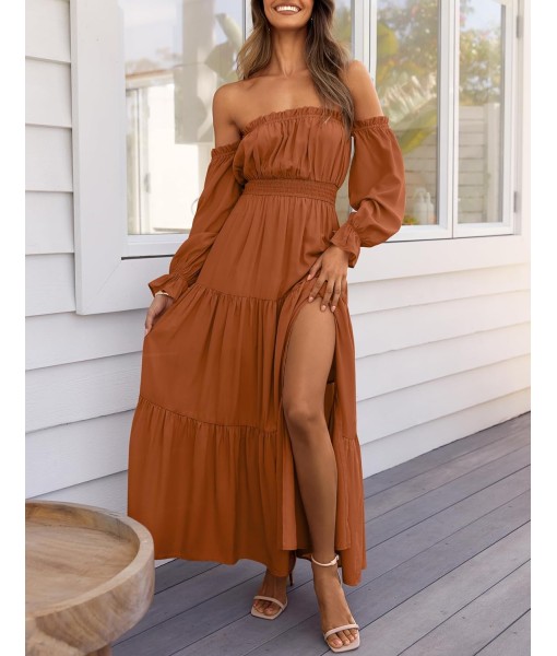 ZESICA Women's 2025 Boho Sexy Off Shoulder Long Sleeve Smocked High Waist Side Split Flowy A Line Tiered Long Maxi Dress