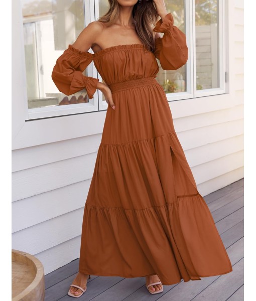 ZESICA Women's 2025 Boho Sexy Off Shoulder Long Sleeve Smocked High Waist Side Split Flowy A Line Tiered Long Maxi Dress