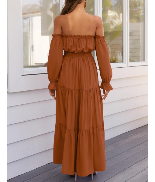 ZESICA Women's 2025 Boho Sexy Off Shoulder Long Sleeve Smocked High Waist Side Split Flowy A Line Tiered Long Maxi Dress