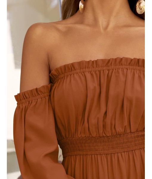 ZESICA Women's 2025 Boho Sexy Off Shoulder Long Sleeve Smocked High Waist Side Split Flowy A Line Tiered Long Maxi Dress