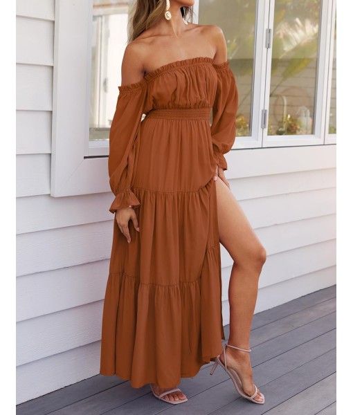 ZESICA Women's 2025 Boho Sexy Off Shoulder Long Sleeve Smocked High Waist Side Split Flowy A Line Tiered Long Maxi Dress