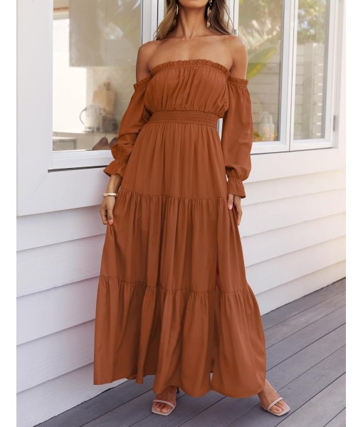 ZESICA Women's 2025 Boho Sexy Off Shoulder Long Sleeve Smocked High Waist Side Split Flowy A Line Tiered Long Maxi Dress