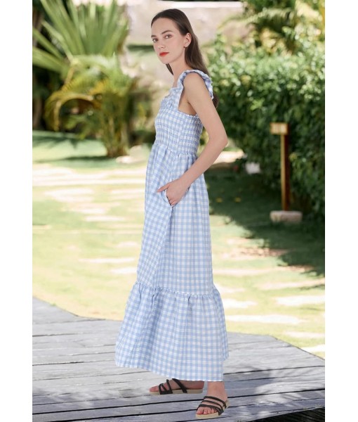 chouyatou Women's Retro Plaid Smocked Dress Spaghetti Strap Flounce Long Dress