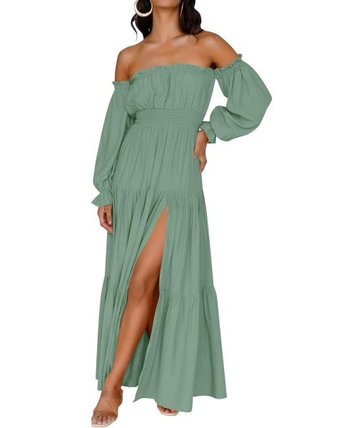 ZESICA Women's 2025 Boho Sexy Off Shoulder Long Sleeve Smocked High Waist Side Split Flowy A Line Tiered Long Maxi Dress