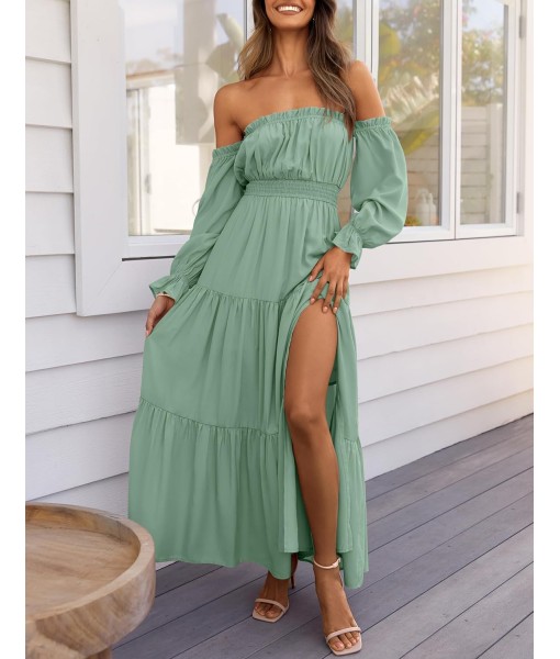 ZESICA Women's 2025 Boho Sexy Off Shoulder Long Sleeve Smocked High Waist Side Split Flowy A Line Tiered Long Maxi Dress