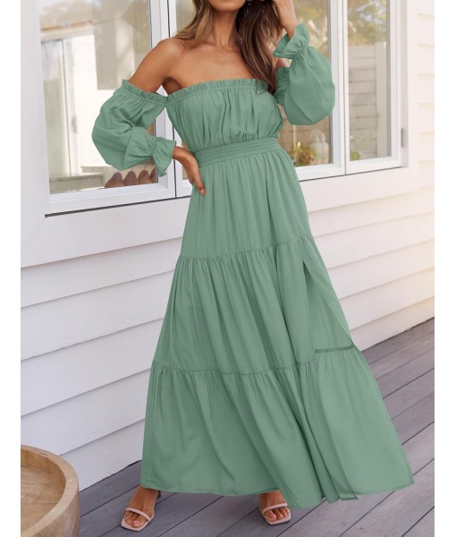 ZESICA Women's 2025 Boho Sexy Off Shoulder Long Sleeve Smocked High Waist Side Split Flowy A Line Tiered Long Maxi Dress