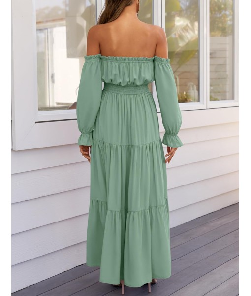 ZESICA Women's 2025 Boho Sexy Off Shoulder Long Sleeve Smocked High Waist Side Split Flowy A Line Tiered Long Maxi Dress