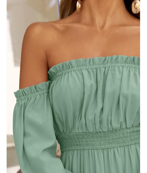 ZESICA Women's 2025 Boho Sexy Off Shoulder Long Sleeve Smocked High Waist Side Split Flowy A Line Tiered Long Maxi Dress