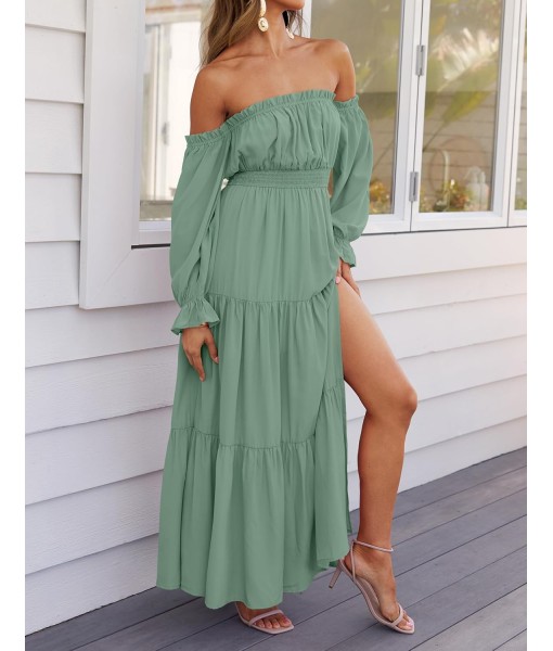 ZESICA Women's 2025 Boho Sexy Off Shoulder Long Sleeve Smocked High Waist Side Split Flowy A Line Tiered Long Maxi Dress
