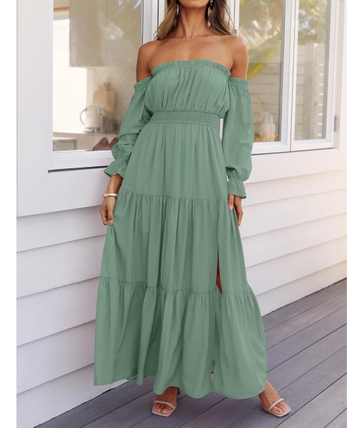 ZESICA Women's 2025 Boho Sexy Off Shoulder Long Sleeve Smocked High Waist Side Split Flowy A Line Tiered Long Maxi Dress