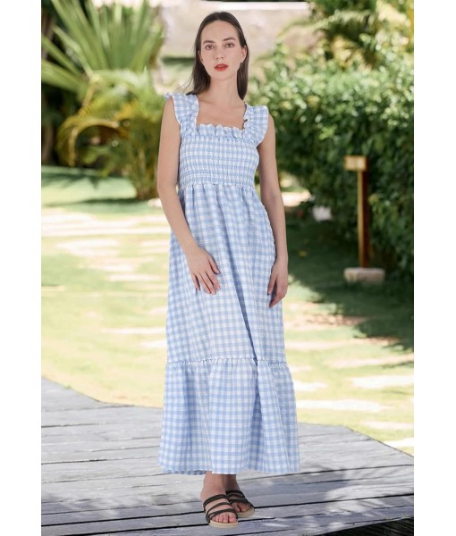 chouyatou Women's Retro Plaid Smocked Dress Spaghetti Strap Flounce Long Dress