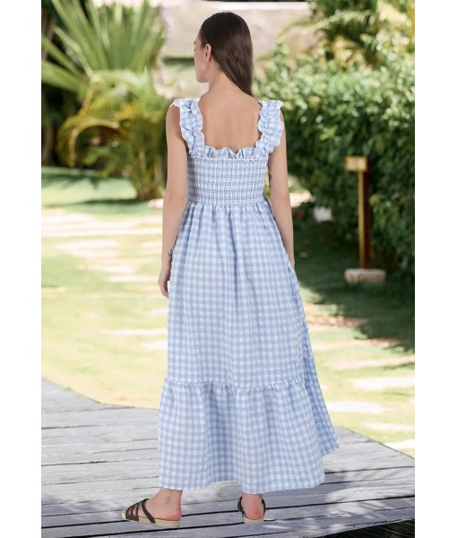 chouyatou Women's Retro Plaid Smocked Dress Spaghetti Strap Flounce Long Dress