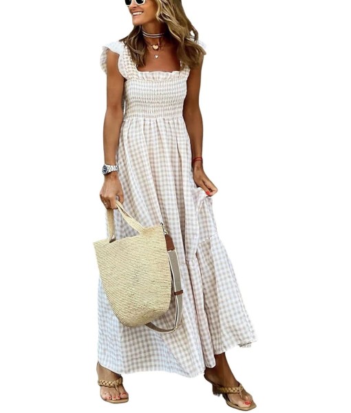 chouyatou Women's Retro Plaid Smocked Dress Spaghetti Strap Flounce Long Dress