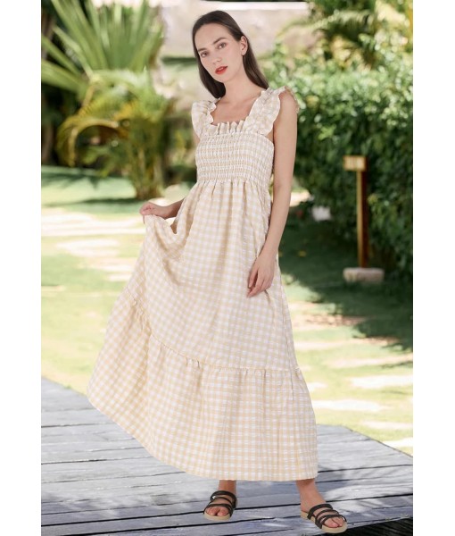 chouyatou Women's Retro Plaid Smocked Dress Spaghetti Strap Flounce Long Dress
