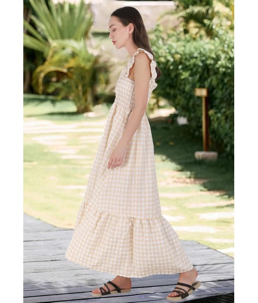 chouyatou Women's Retro Plaid Smocked Dress Spaghetti Strap Flounce Long Dress