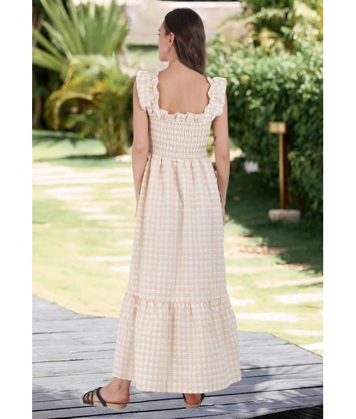 chouyatou Women's Retro Plaid Smocked Dress Spaghetti Strap Flounce Long Dress
