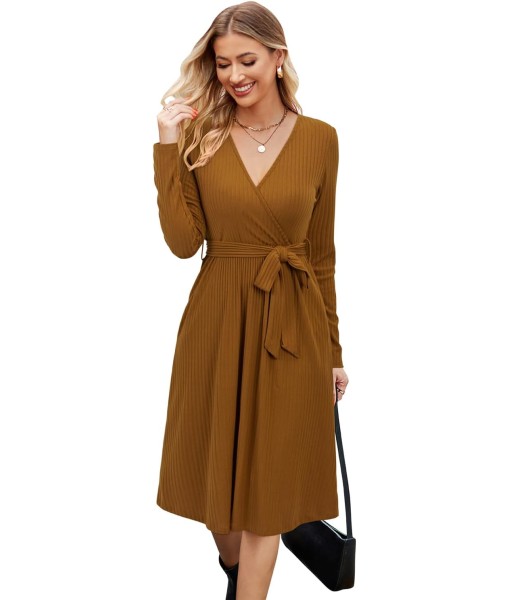 Newshows Womens 2025 Fall Dresses Teacher Church Business Casual Work Outfits Knit Midi Sweater Pockets Belt Dress