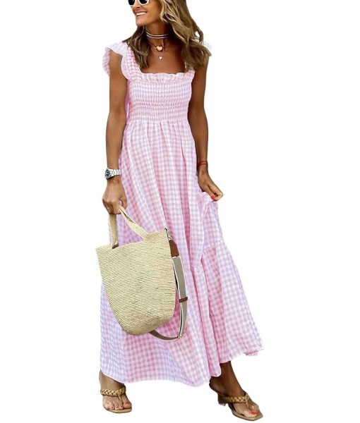 chouyatou Women's Retro Plaid Smocked Dress Spaghetti Strap Flounce Long Dress