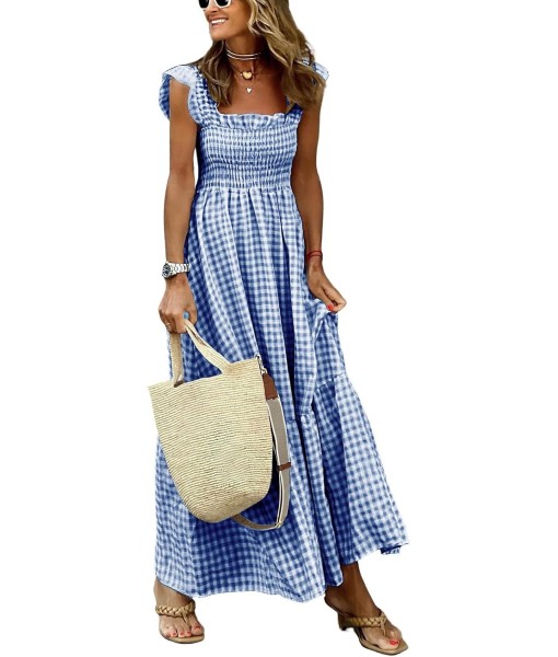 chouyatou Women's Retro Plaid Smocked Dress Spaghetti Strap Flounce Long Dress