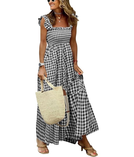 chouyatou Women's Retro Plaid Smocked Dress Spaghetti Strap Flounce Long Dress