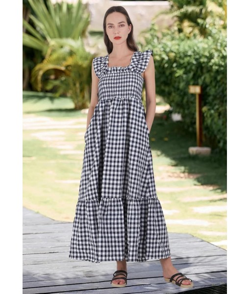 chouyatou Women's Retro Plaid Smocked Dress Spaghetti Strap Flounce Long Dress