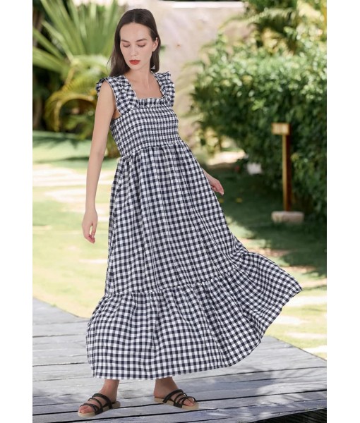 chouyatou Women's Retro Plaid Smocked Dress Spaghetti Strap Flounce Long Dress