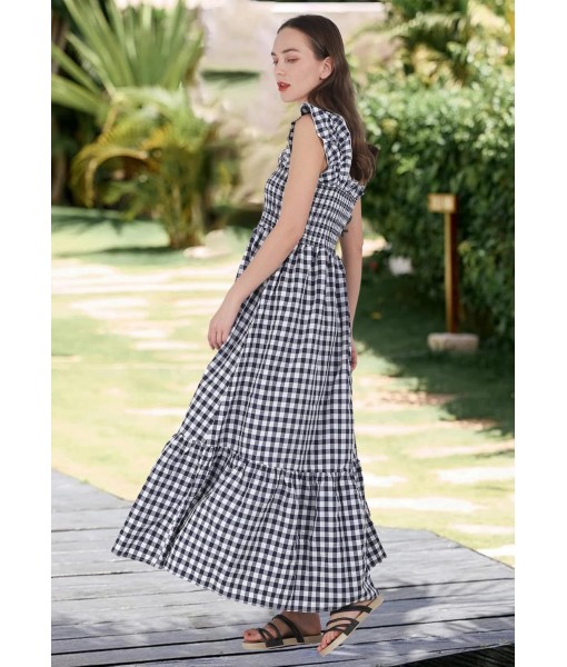 chouyatou Women's Retro Plaid Smocked Dress Spaghetti Strap Flounce Long Dress