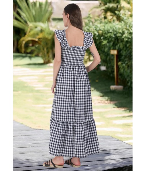 chouyatou Women's Retro Plaid Smocked Dress Spaghetti Strap Flounce Long Dress