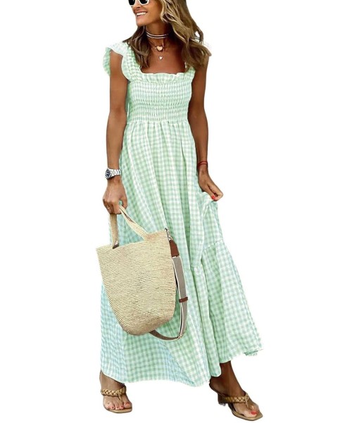 chouyatou Women's Retro Plaid Smocked Dress Spaghetti Strap Flounce Long Dress