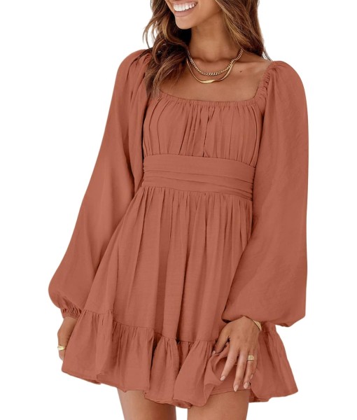 Dokotoo Womens Dress Long Lantern Sleeve Square Neck Tie Backless Sexy Dress Ruffle Elastic Waist A-Line Mini Dress