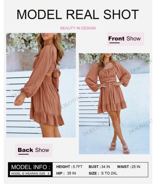Dokotoo Womens Dress Long Lantern Sleeve Square Neck Tie Backless Sexy Dress Ruffle Elastic Waist A-Line Mini Dress
